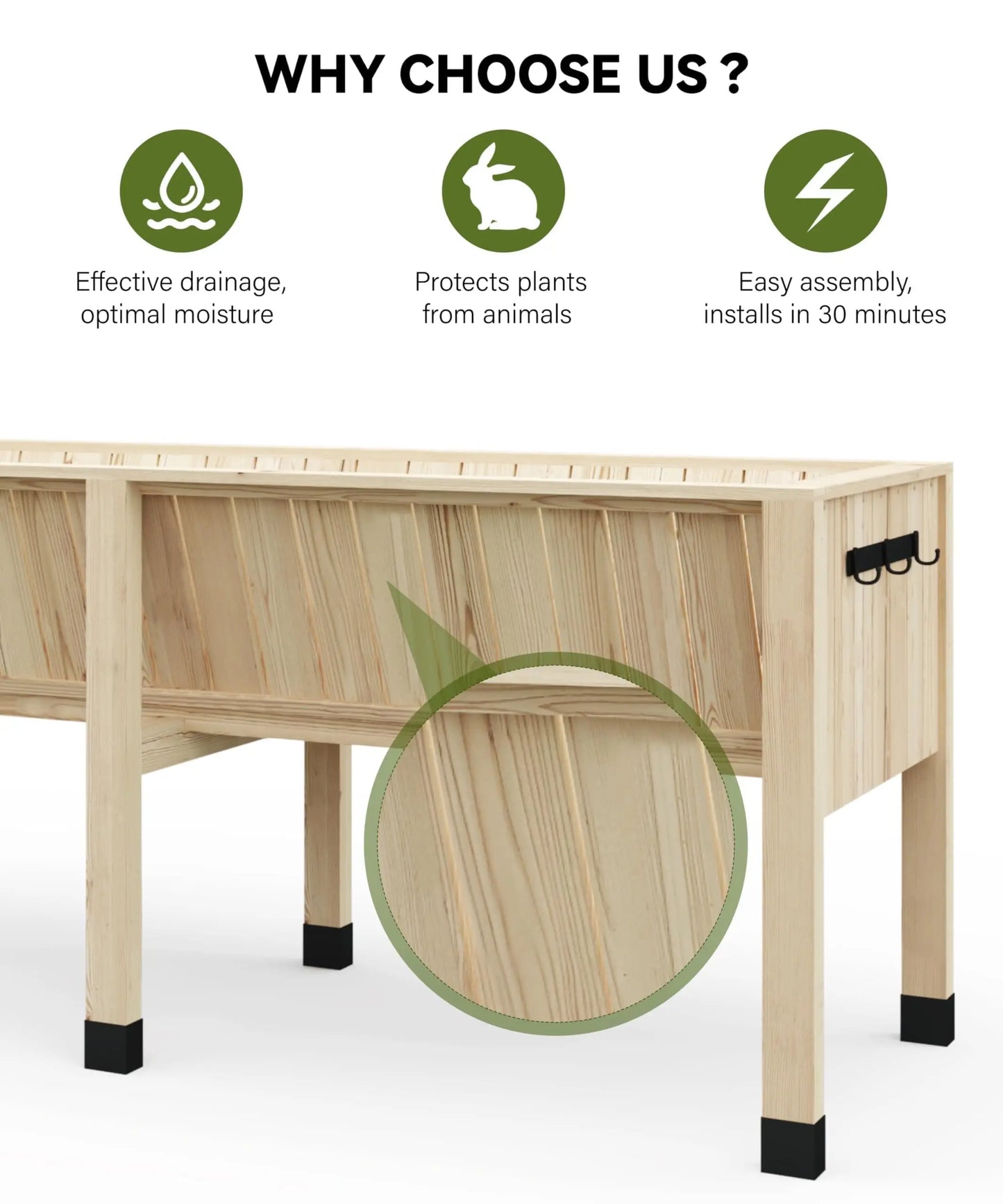 HiMISS Raised Wooden Garden Bed With Tool Hooks Elevated Planter