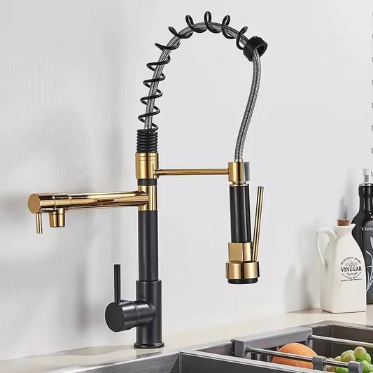 MYQualife Brass Pull Down Kitchen Sink Faucet With Dual Spout