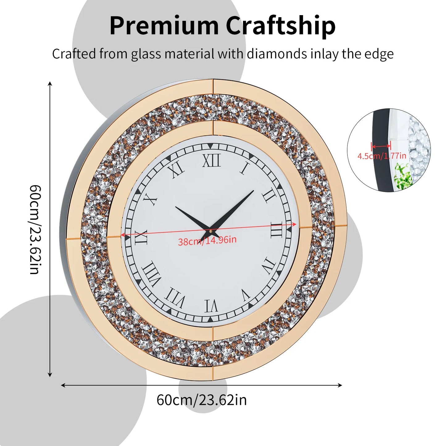 Round Mirror Clock With Crystal Sparkle Accents For Wall Decoration