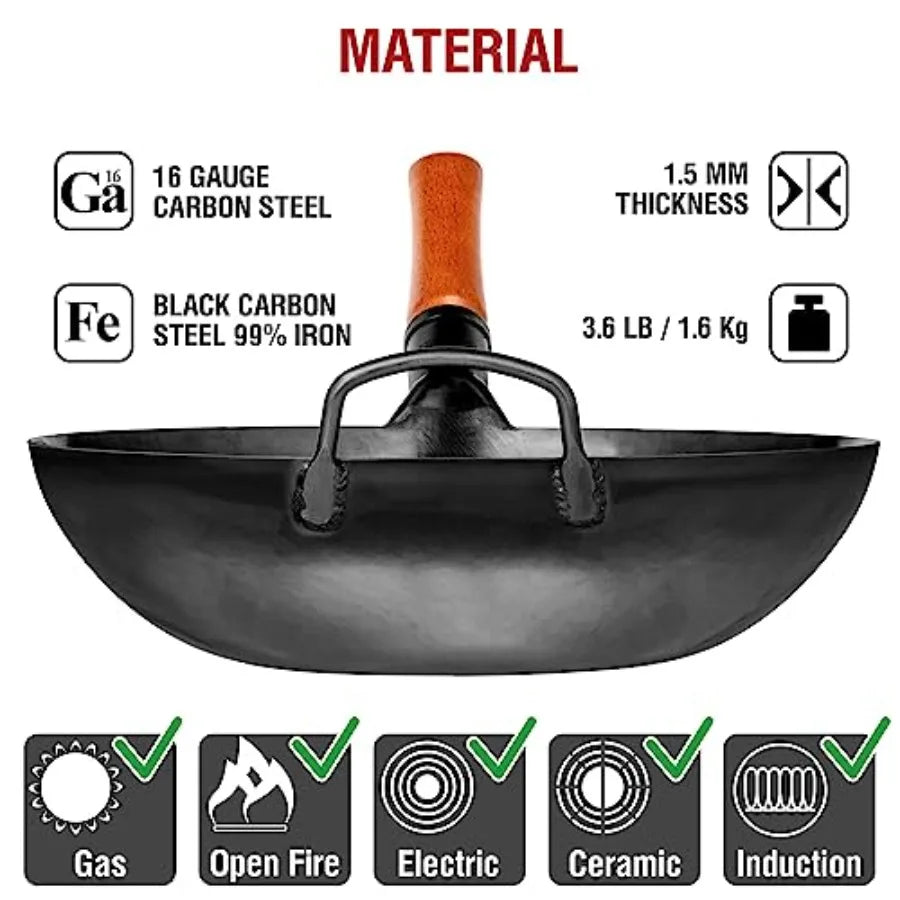 Carbon Steel Wok Pan Preseasoned Flat Bottom Stir Fry