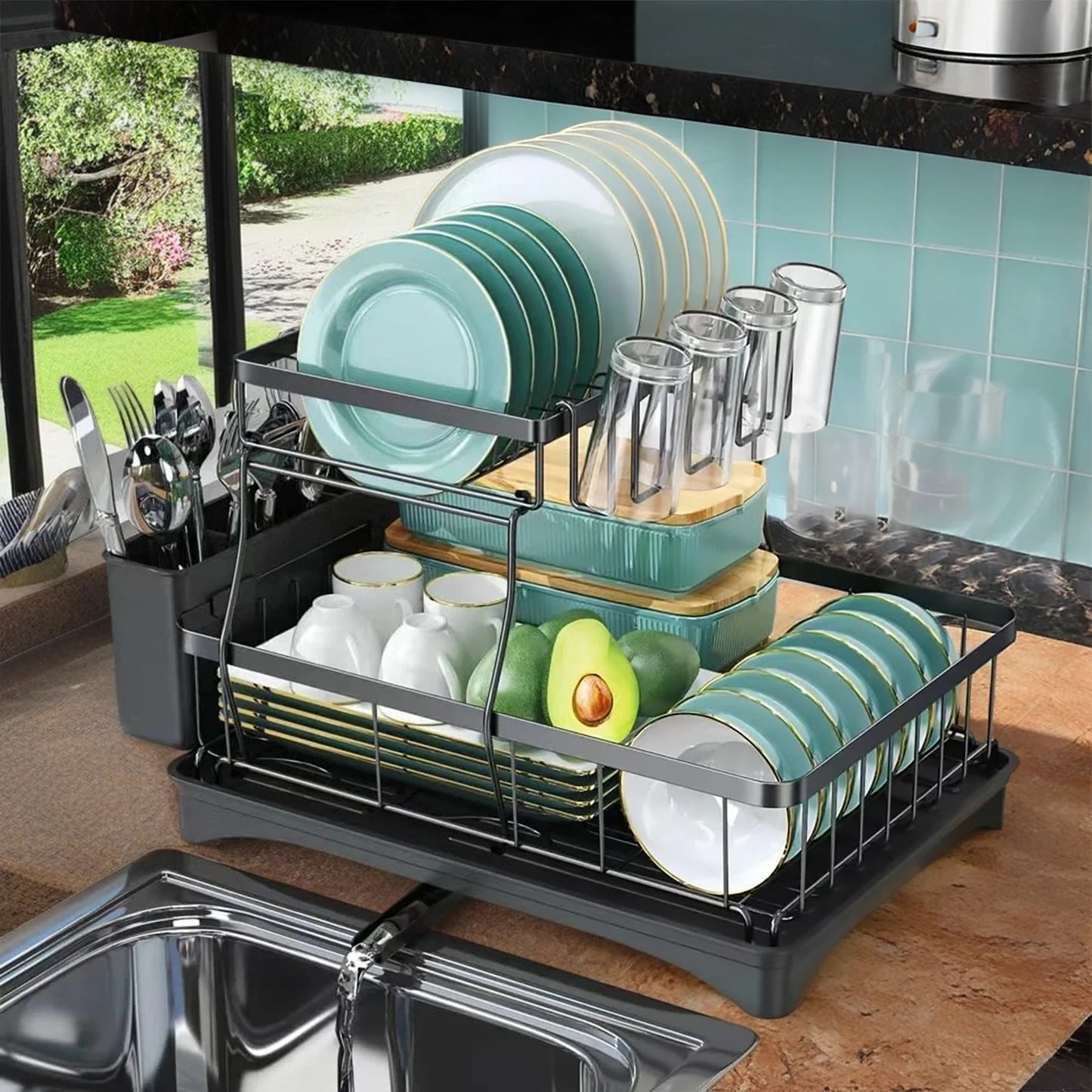 Two Tier Dish Drying Rack For Kitchen Countertops Removable High Capacity