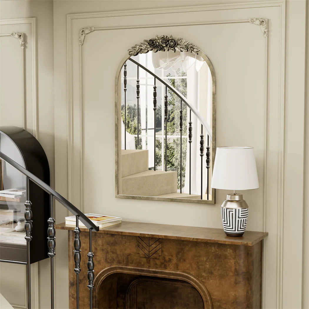 LUVODI Arched Wall Mirror Antique Metal Frame Resin Rose Pattern
