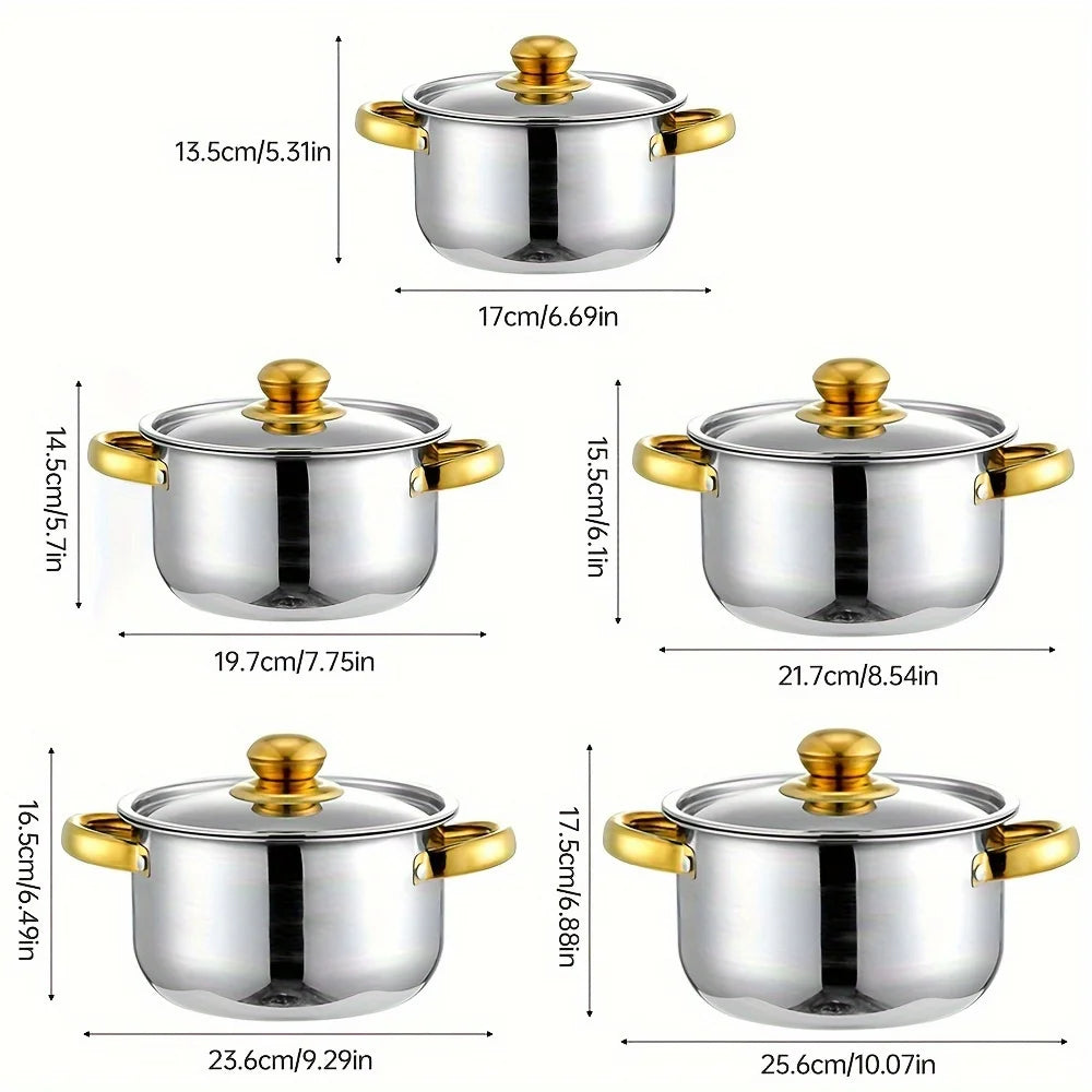 Golden Stainless Steel 5 Piece Cookware Set, Nonstick, All Stovetops