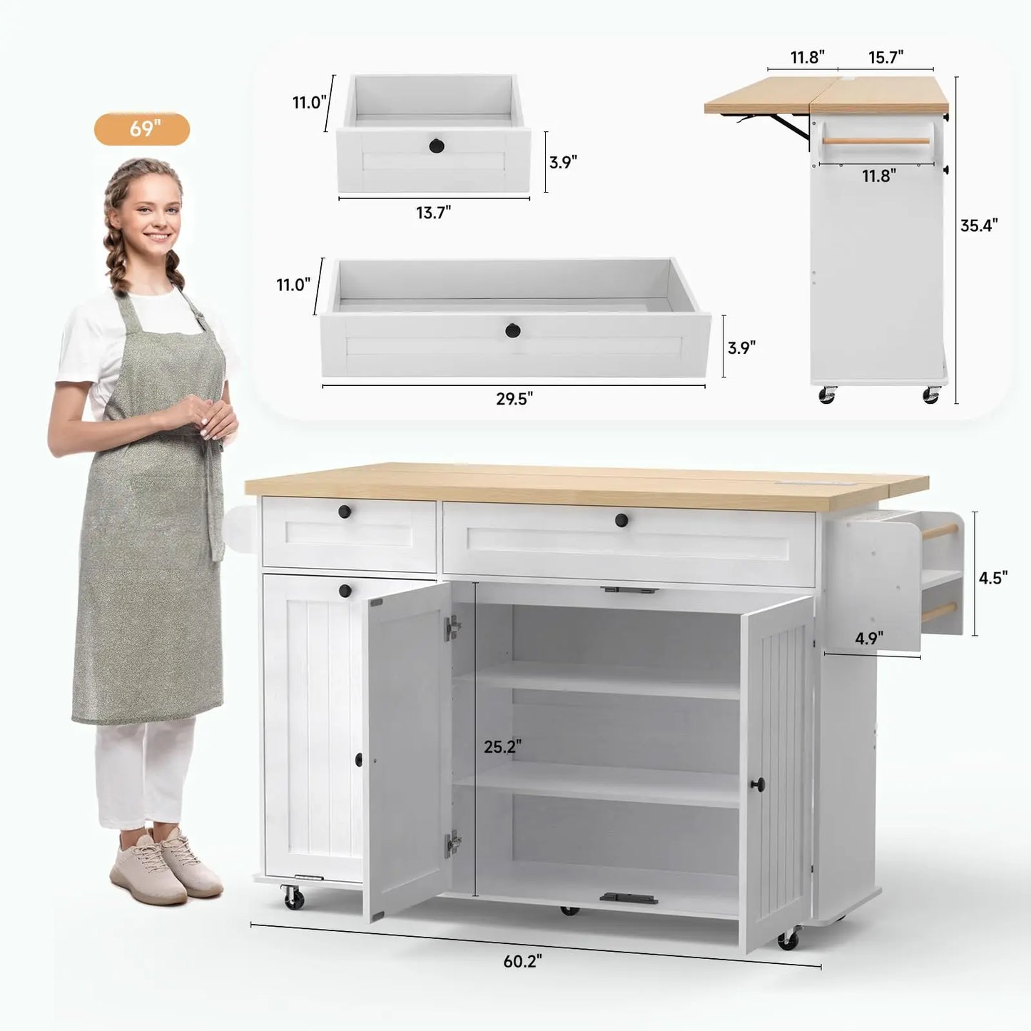 ONBRILL Drop-Leaf Mobile Kitchen Island With Power Outlet