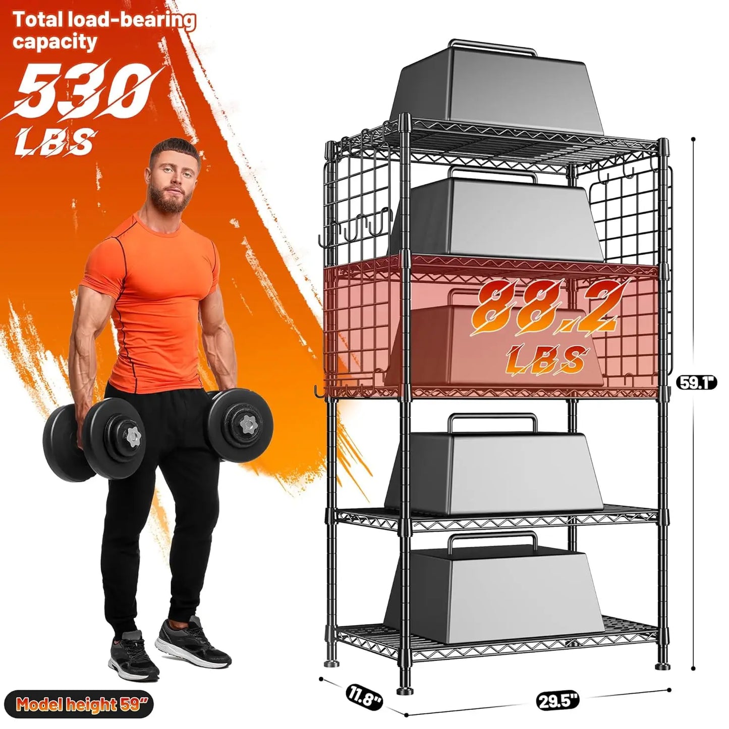 5-Tier Metal Shelving With Side Hooks Adjustable Storage