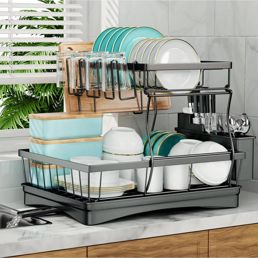 Two-Tier Dish Drying Rack for Kitchen Countertops
