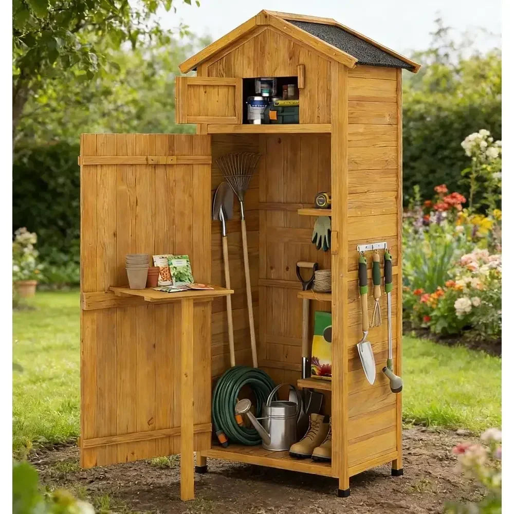 Outdoor Wooden Storage Shed With Folding Table And Removable Shelves