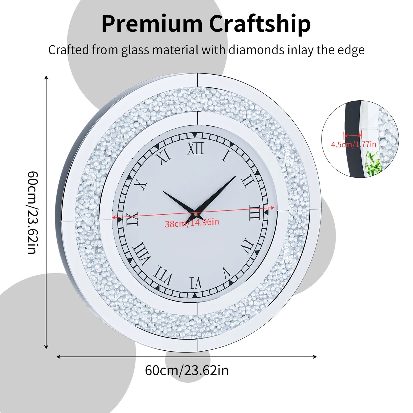 Round Mirror Clock With Crystal Sparkle Accents For Wall Decoration