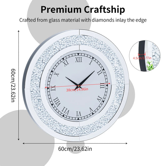 Round Mirror Clock With Crystal Sparkle Accents For Wall Decoration
