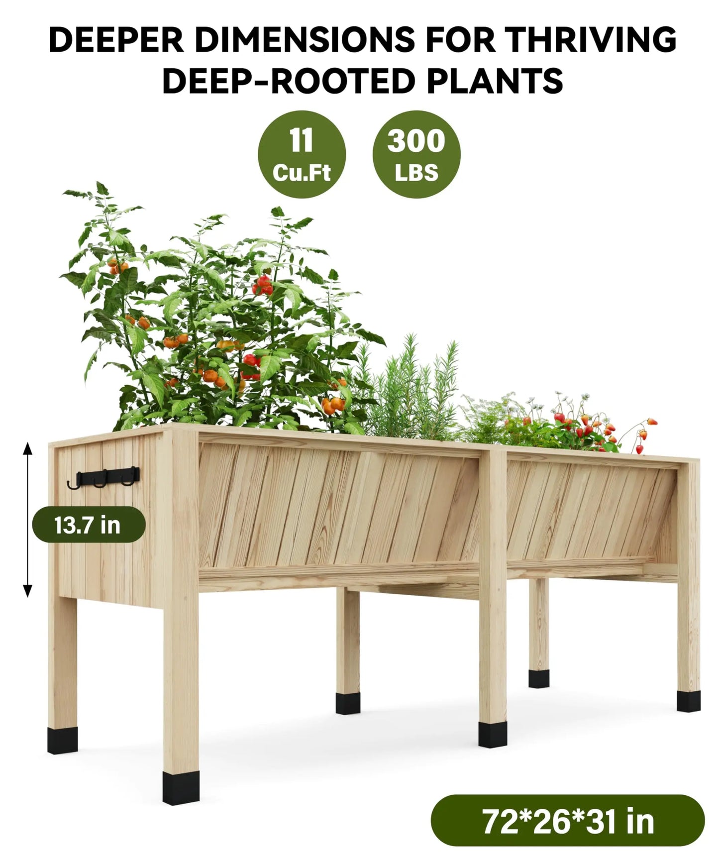 HiMISS Raised Wooden Garden Bed With Tool Hooks Elevated Planter