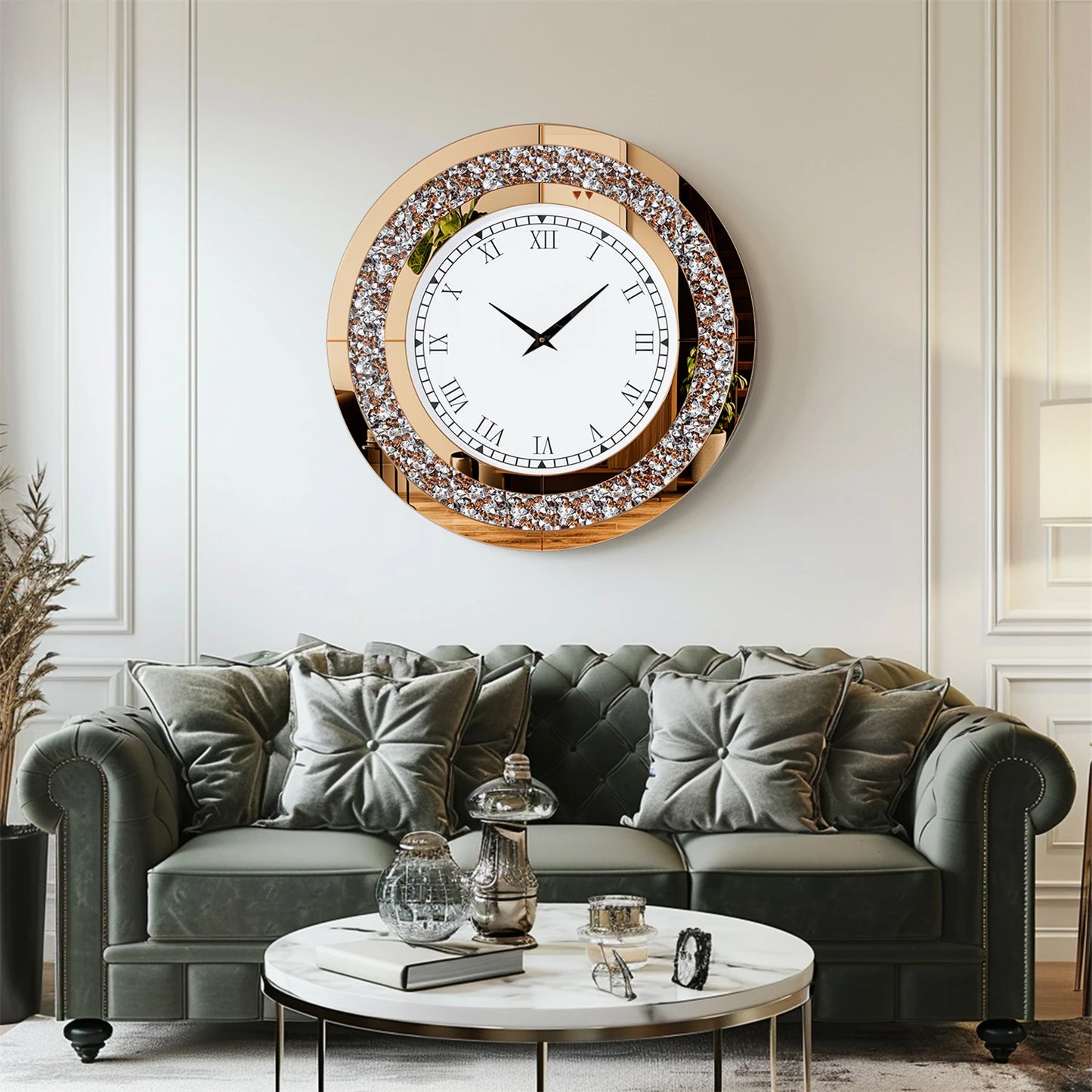 Round Mirror Clock With Crystal Sparkle Accents For Wall Decoration