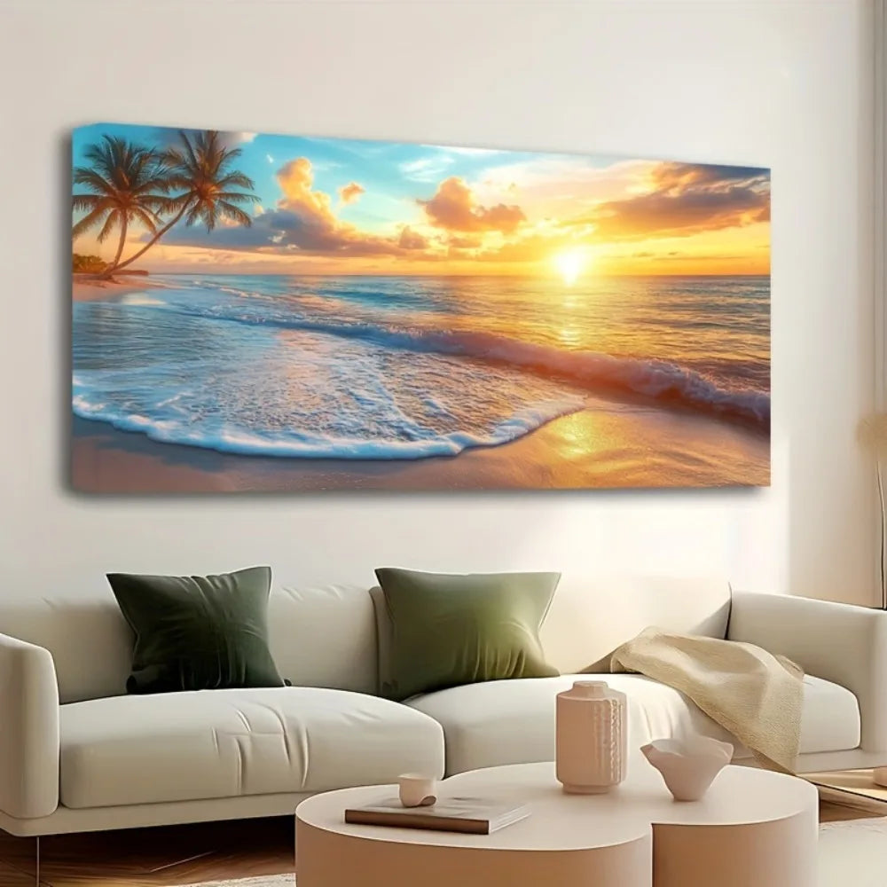 Natural Pine Solid Wood_Frame Ocean Sunset Canvas Wall Art