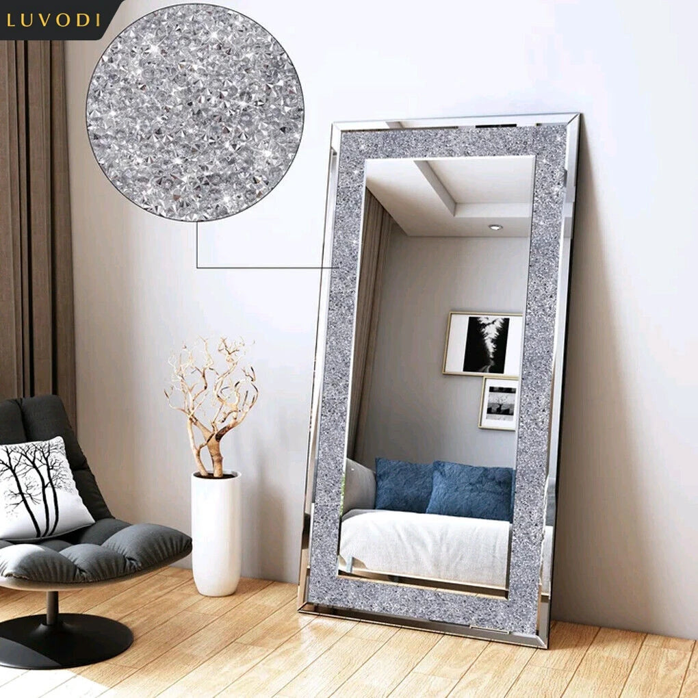 LUVODI Luxury Frameless Silver Crystal Rhinestone Wall Mirror
