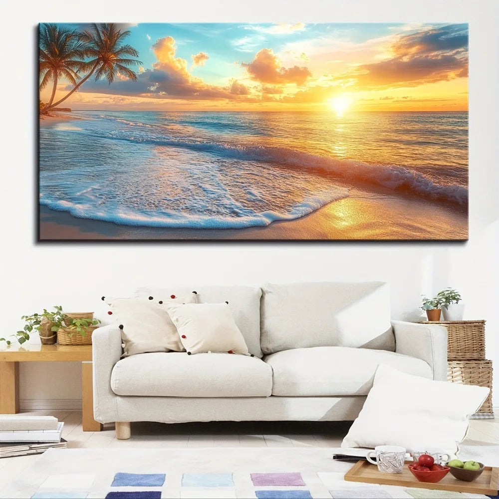 Natural Pine Solid Wood_Frame Ocean Sunset Canvas Wall Art