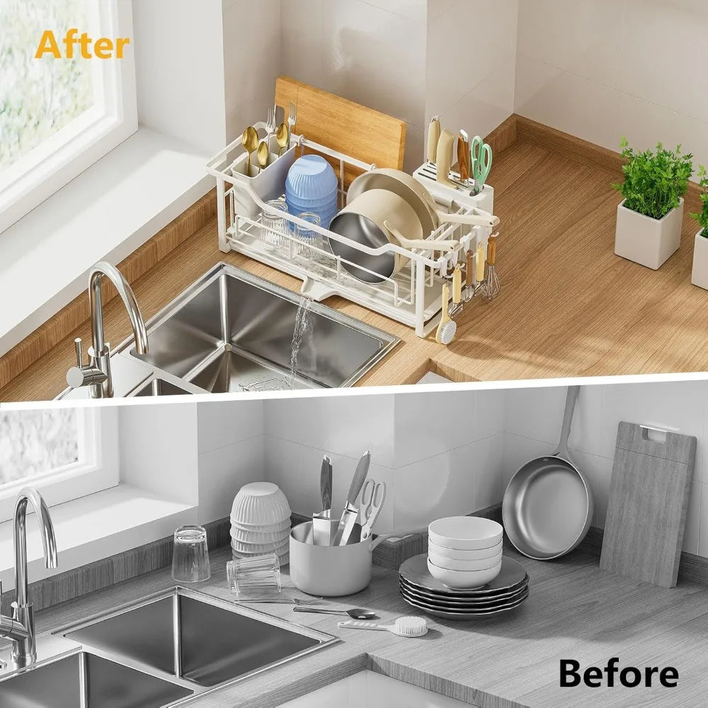 NBVCX Narrow Auto Drain Dish Rack With Removable Cutlery Basket