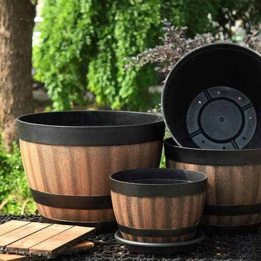 Rustic Farmhouse Whiskey Barrel Planter Faux Wood Plastic Pot