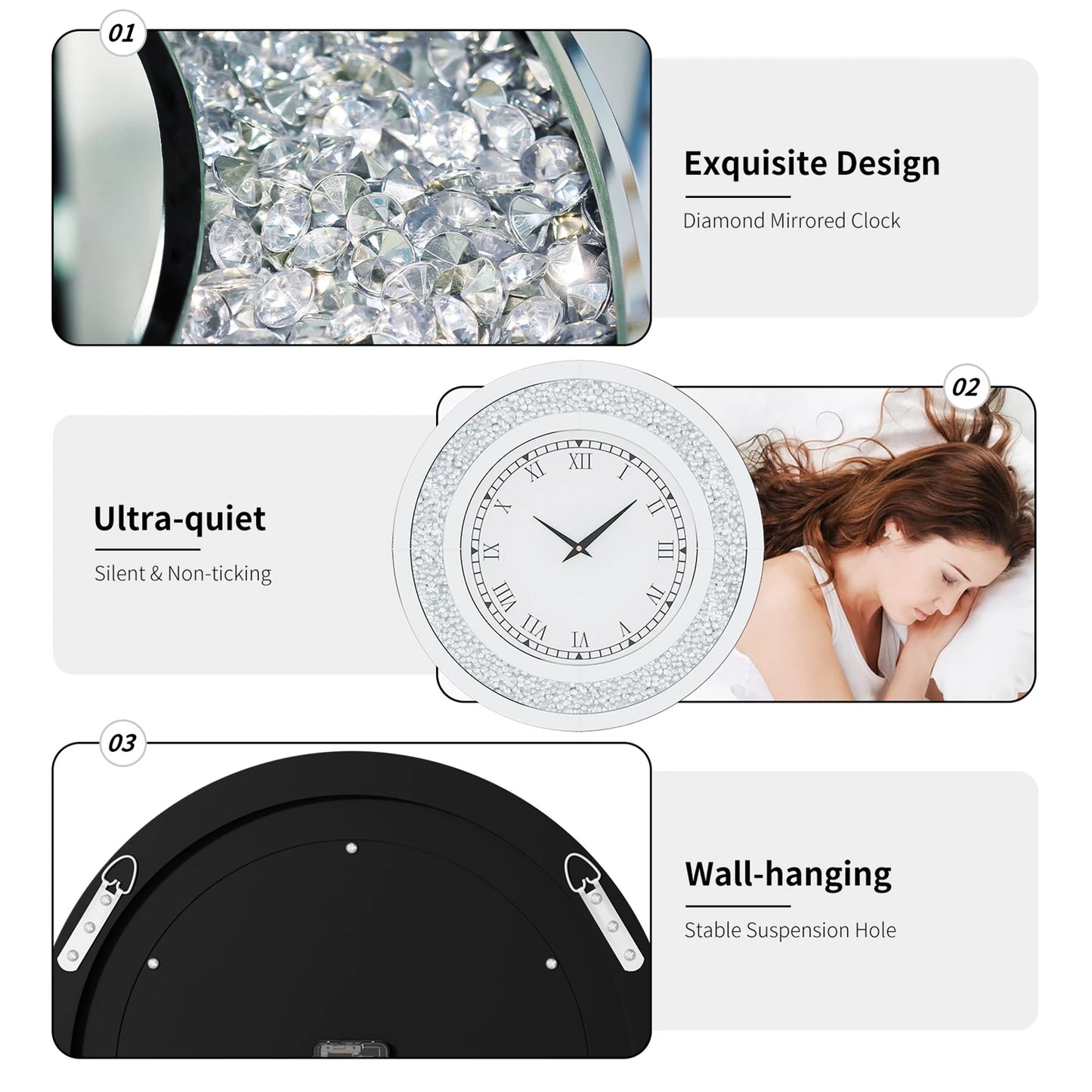 Round Mirror Clock With Crystal Sparkle Accents For Wall Decoration