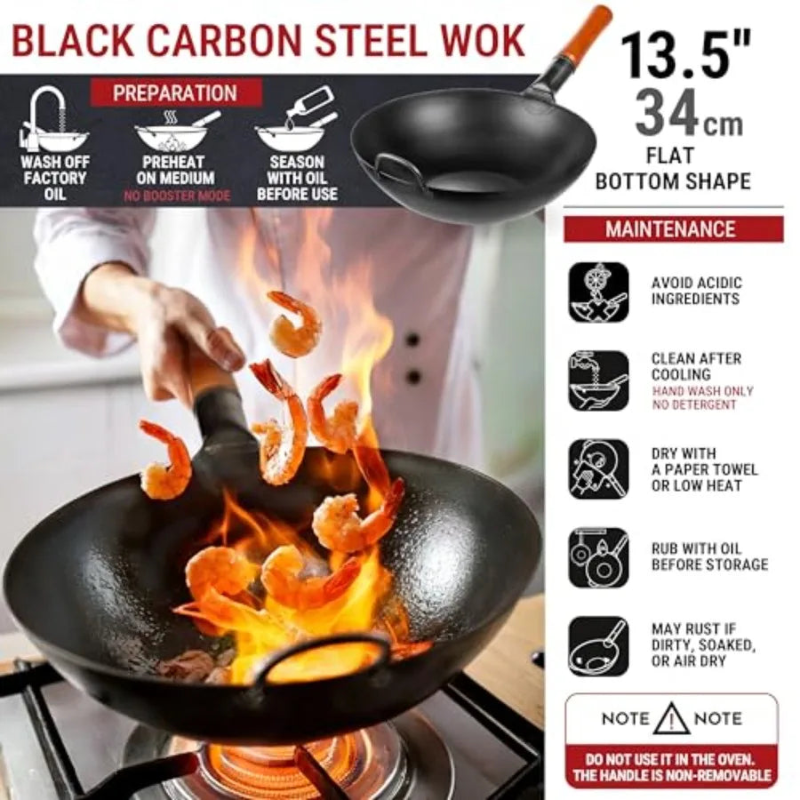 Carbon Steel Wok Pan Preseasoned Flat Bottom Stir Fry