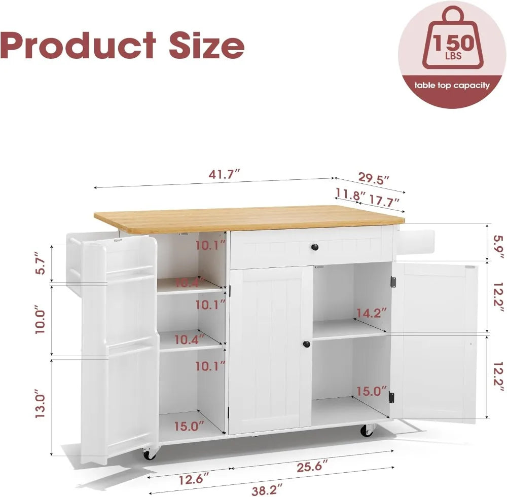 Portable Kitchen Island Cart With Storage, Drop Leaf Table, Wheels