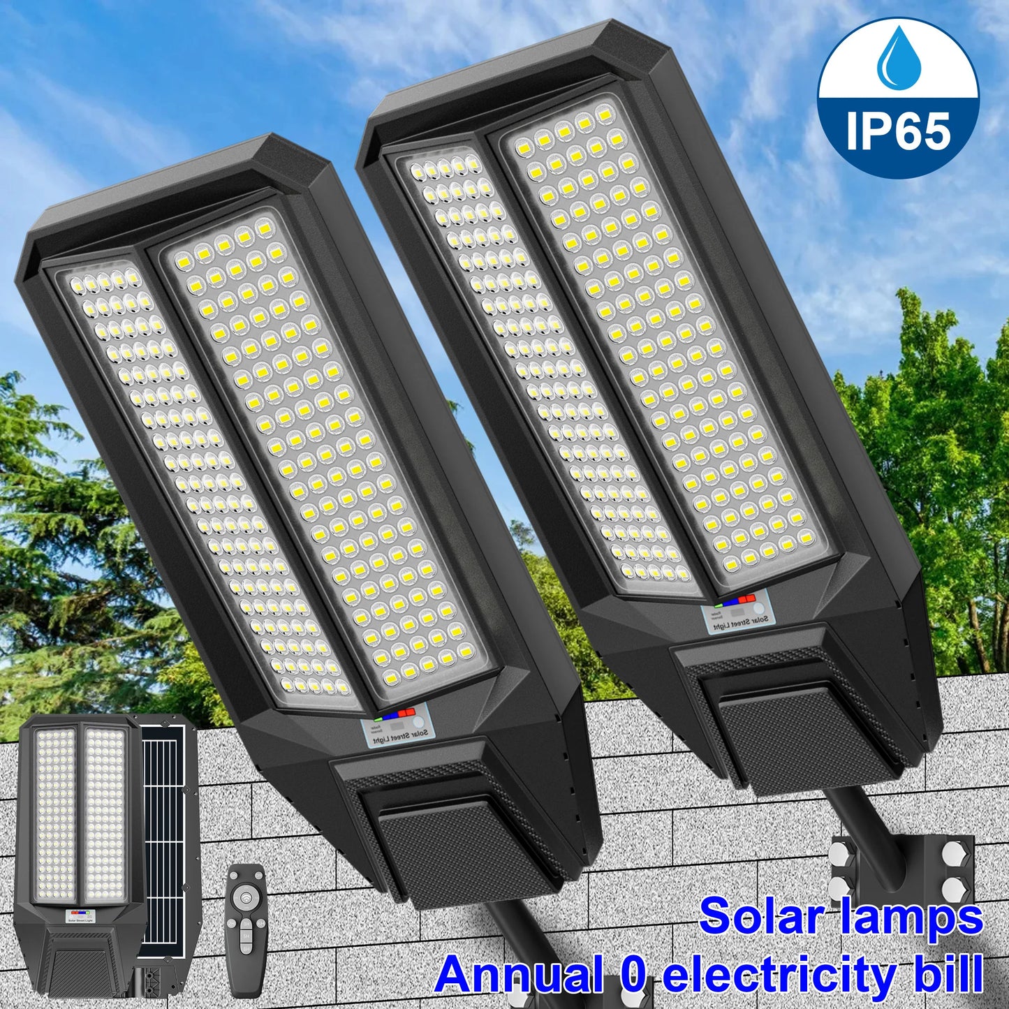 2-Pack 9000W Solar Street Light IP65 Dusk-To-Dawn Motion Sensor