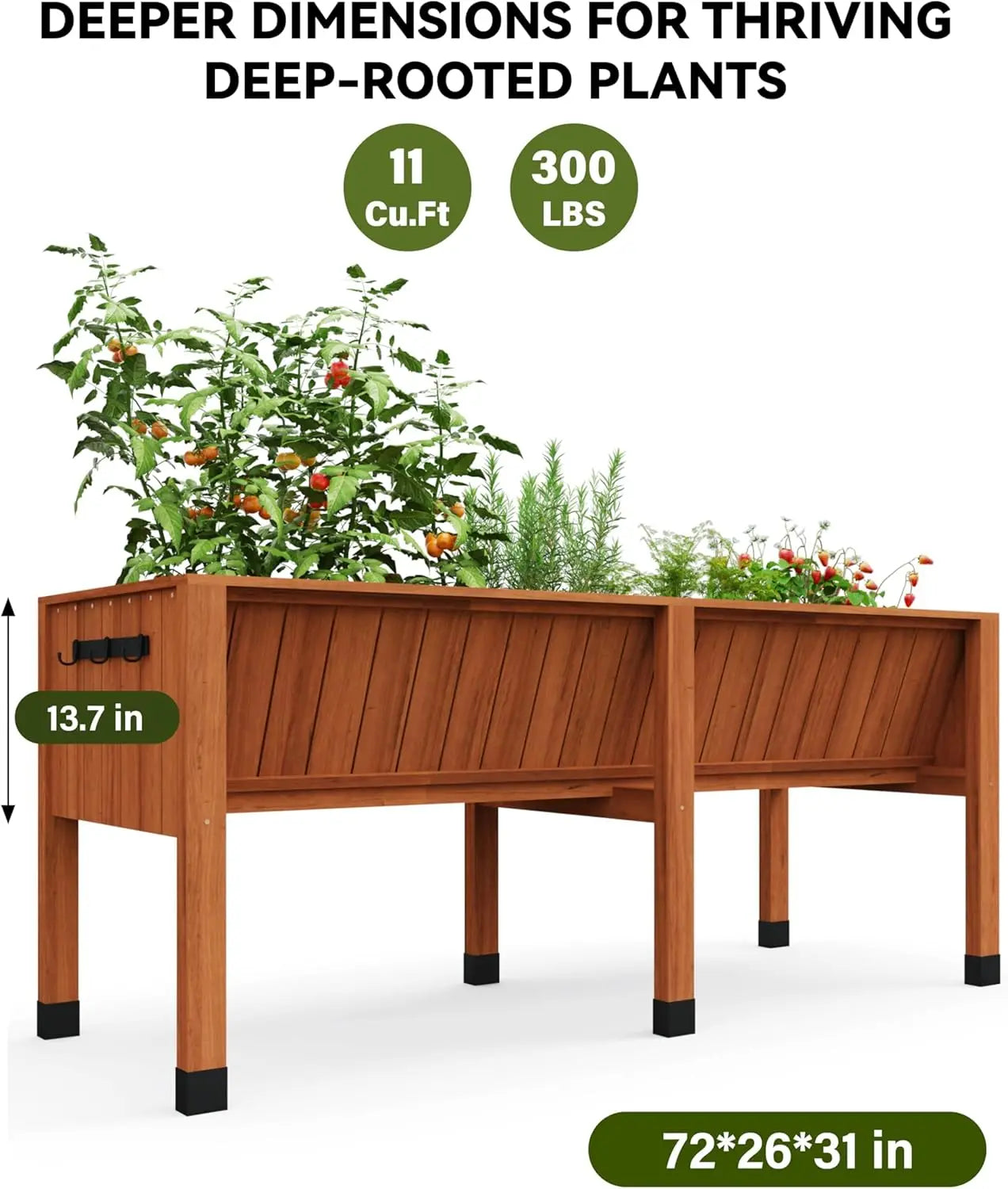 HiMISS Raised Wooden Garden Bed With Tool Hooks Elevated Planter