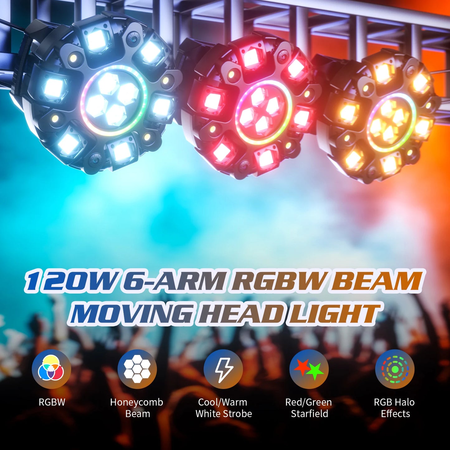 DayFlicker 120W RGBW Moving Head Light DMX512 26CH Strobe