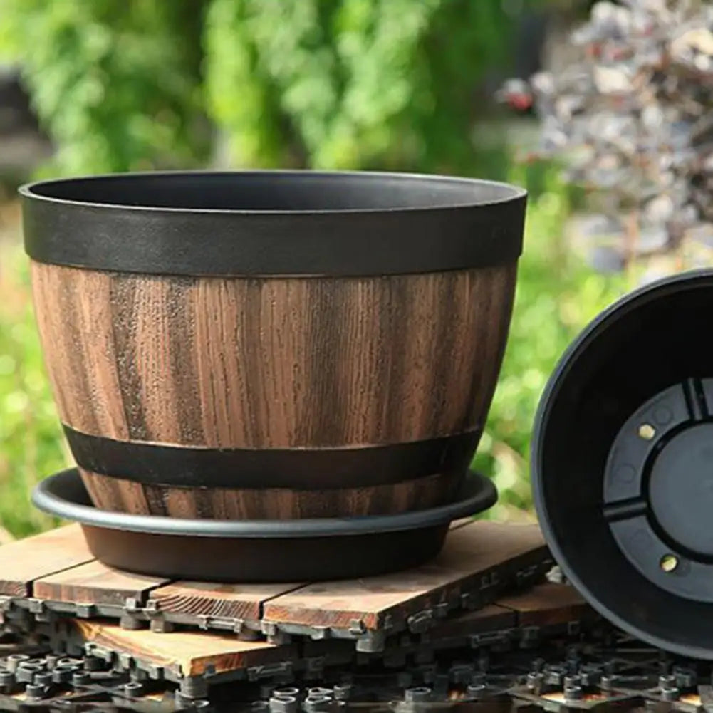 Rustic Farmhouse Whiskey Barrel Planter Faux Wood Plastic Pot