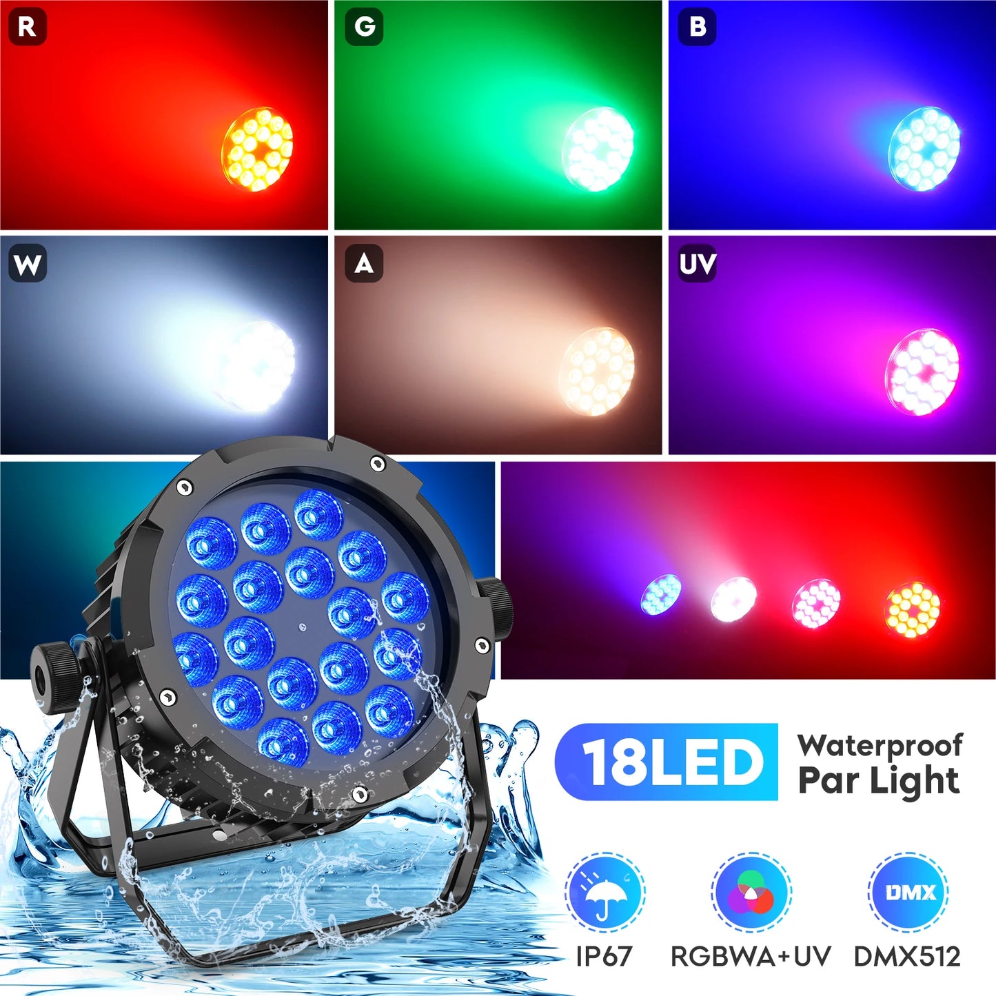 U'King 4Pack 150W LED Par Light Waterproof DMX512 18x10W RGBWAUV