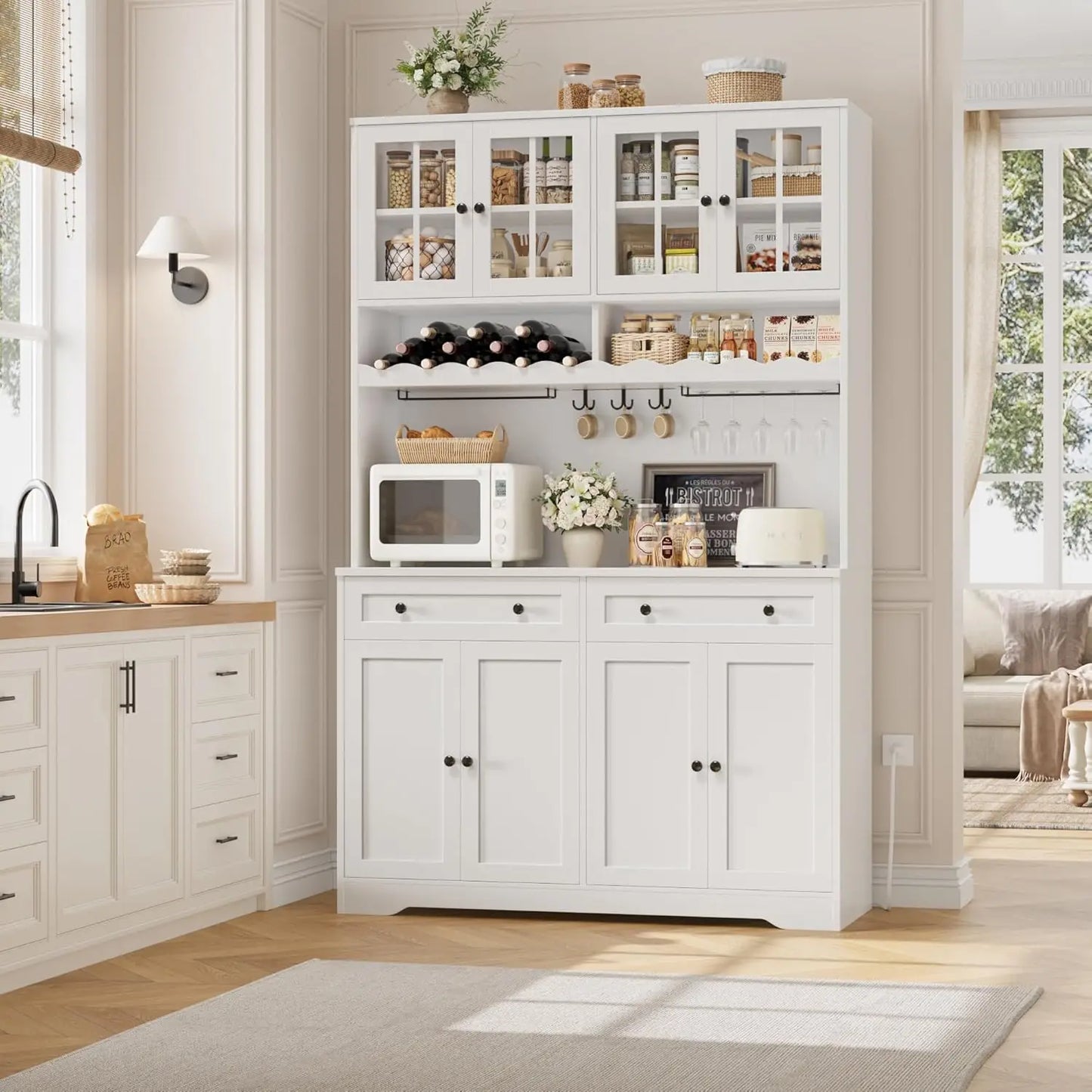 Modern Kitchen Pantry Cabinet With Charging Station And Microwave Stand