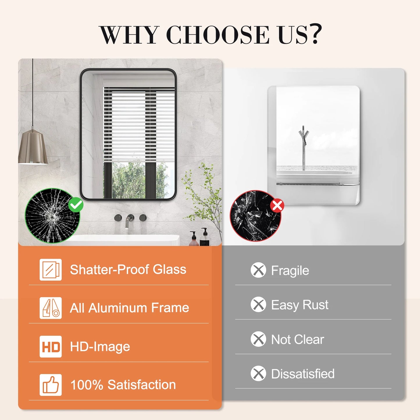 JHK Matte Metal Framed Bathroom Mirror Wall Mounted