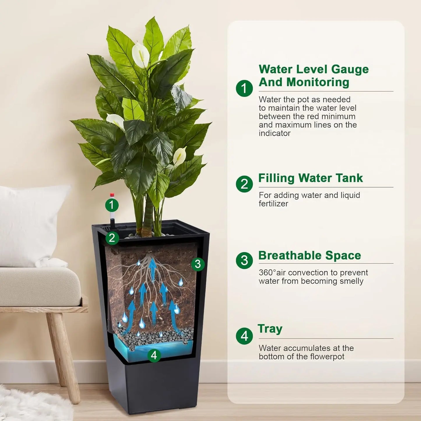 HobbyLane Self-Absorbing Plastic Planter Indoor and Outdoor with Shelf Insert