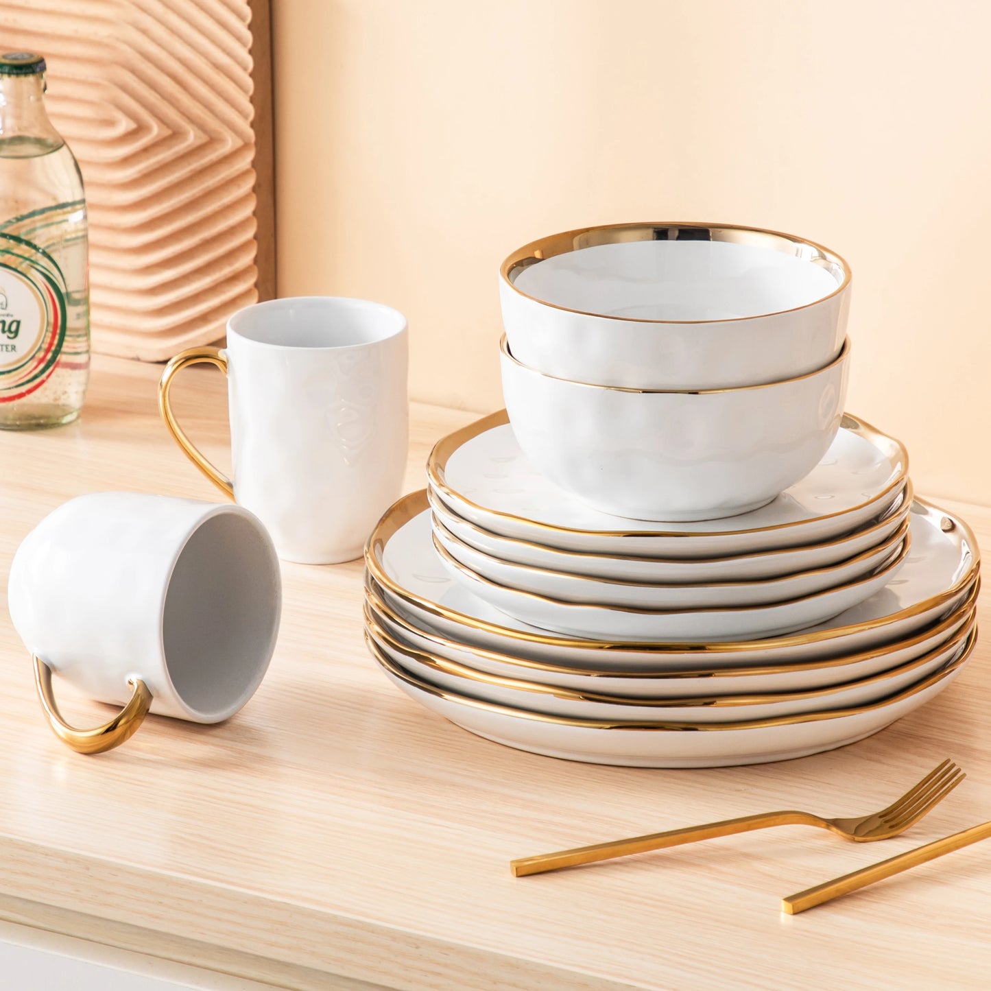 Malacasa White Gold Trim Handmade Stoneware Dinnerware Set