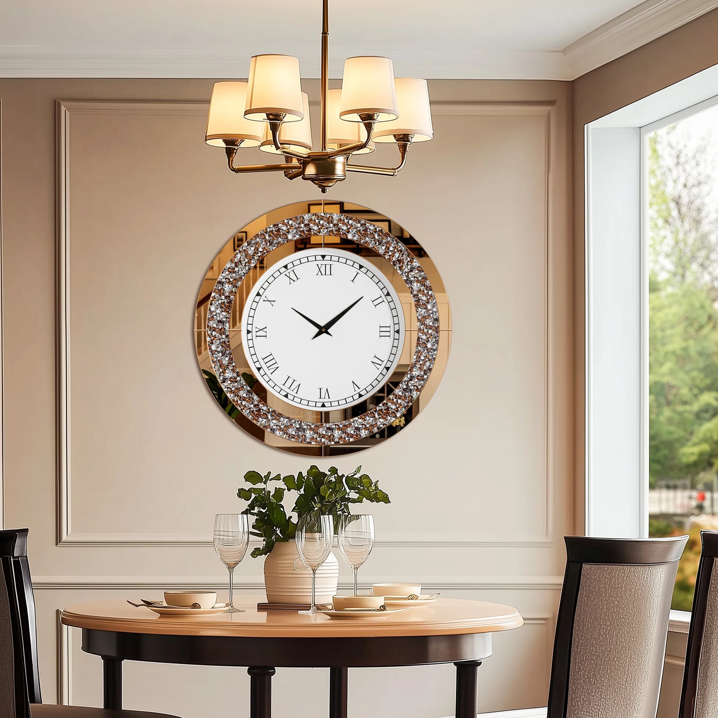 Round Mirror Clock With Crystal Sparkle Accents For Wall Decoration