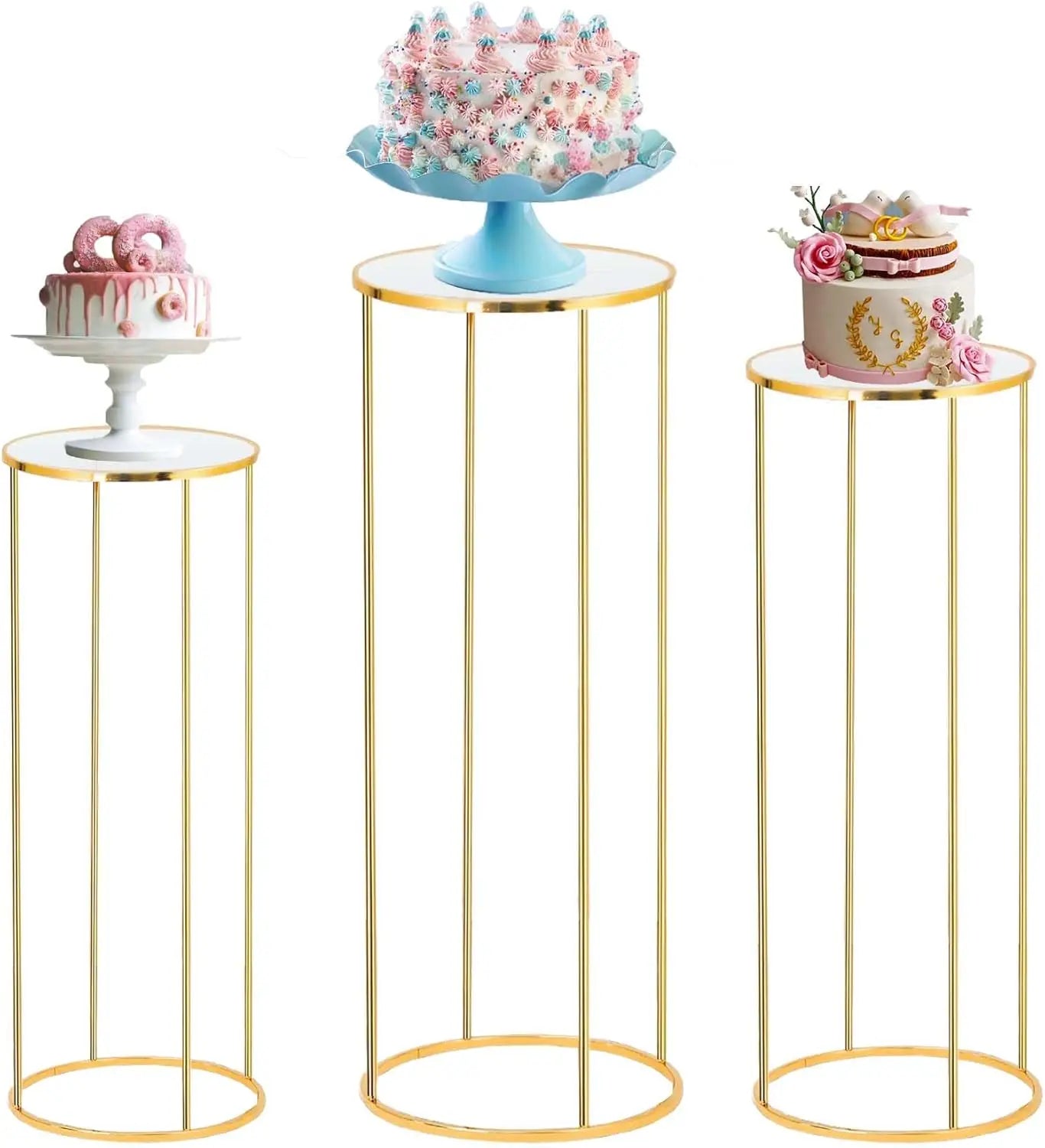 Set Of 3 Metal Cylinder Pedestal Stands For Party Tables