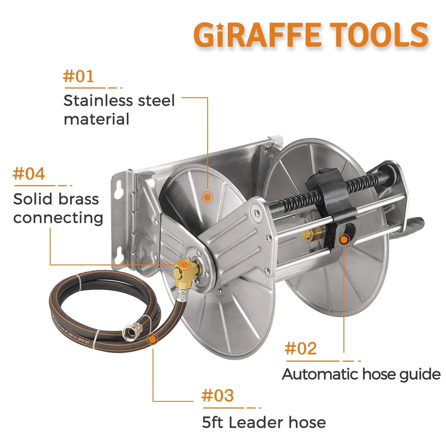 Giraffe Tools Stainless Steel Garden Hose Reel With Crank Wall Or Floor Mount