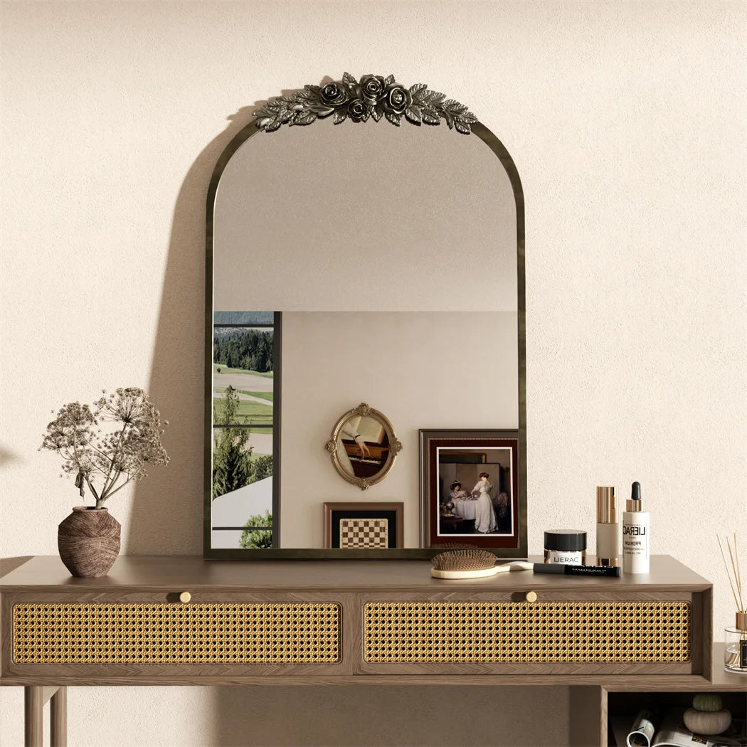 LUVODI Arched Wall Mirror Antique Metal Frame Resin Rose Pattern