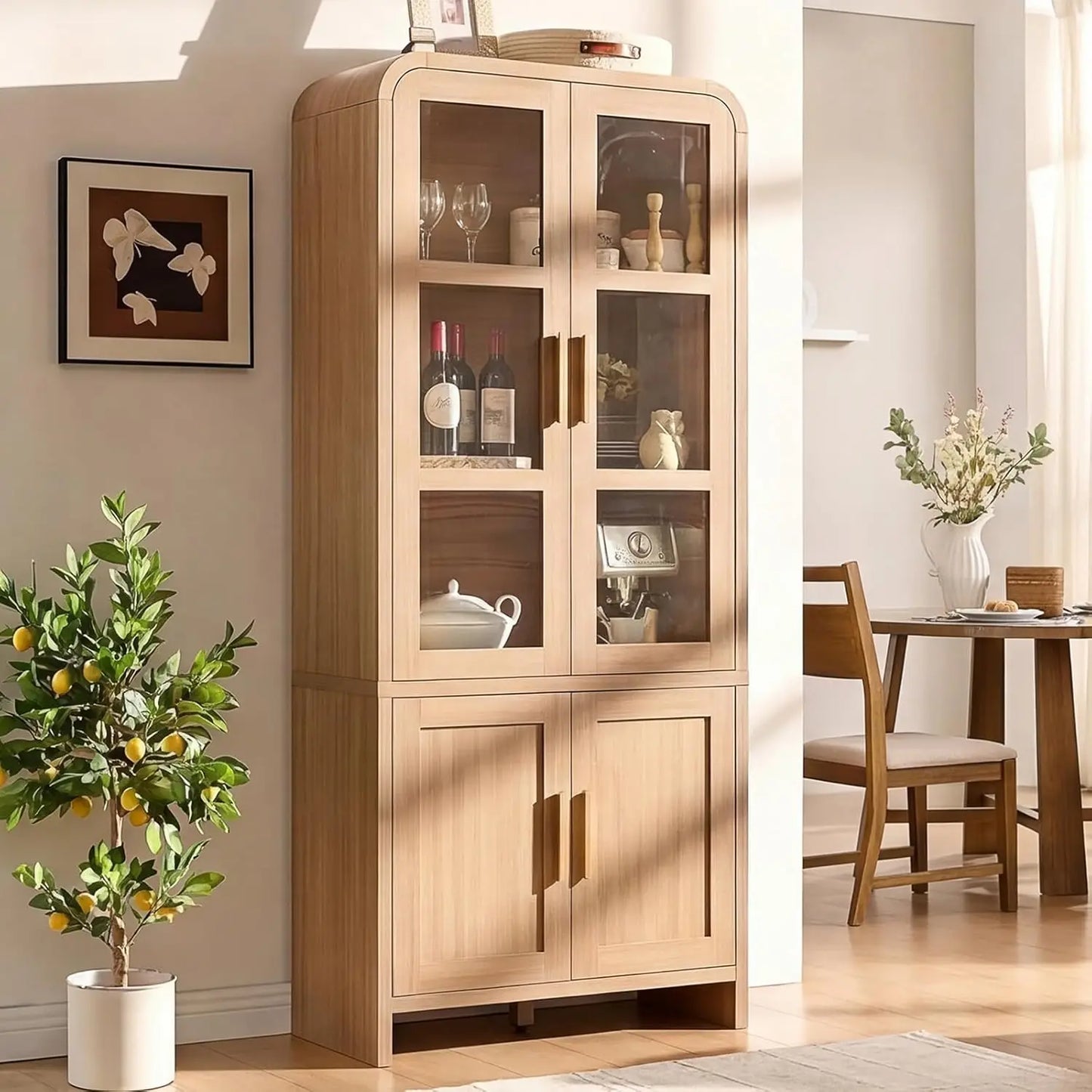 Kitchen Pantry Cabinets With Wooden Curved Storage And Adjustable Shelves