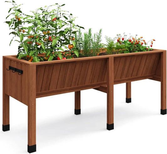 HiMISS Raised Wooden Garden Bed With Tool Hooks Elevated Planter