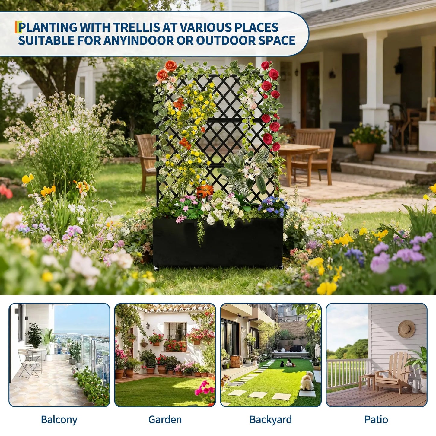 HiMISS Galvanized Steel Raised Garden Bed With Trellis Drainage And Wheels