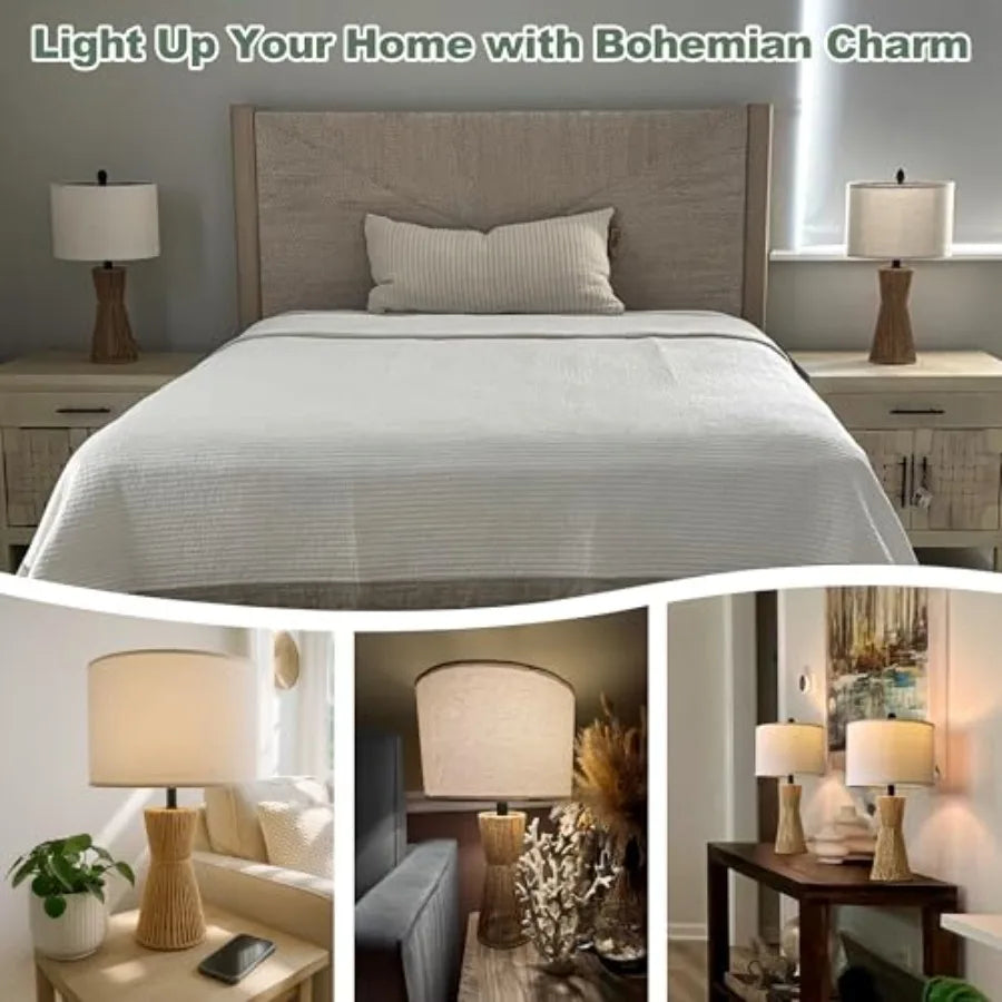 Boho Rattan Table Lamps Set Of Two For Living Room
