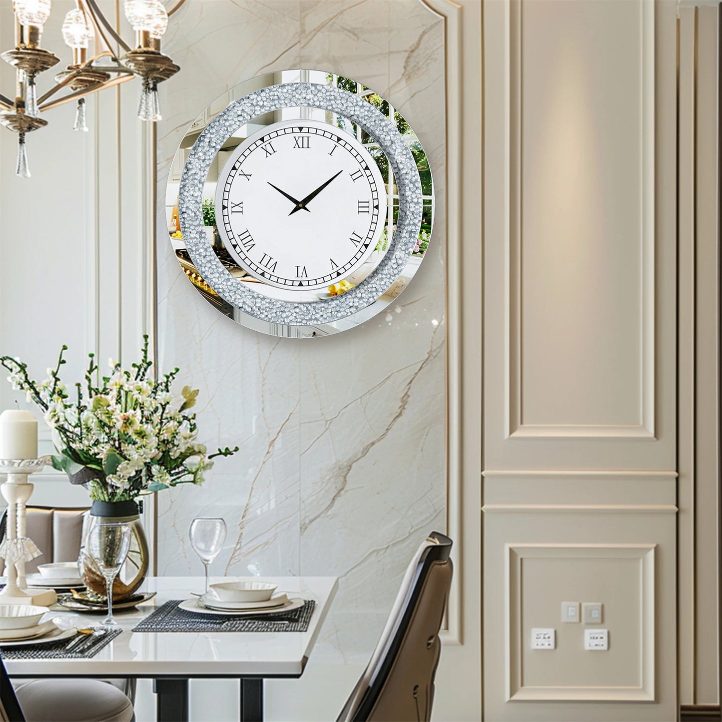 Round Mirror Clock With Crystal Sparkle Accents For Wall Decoration