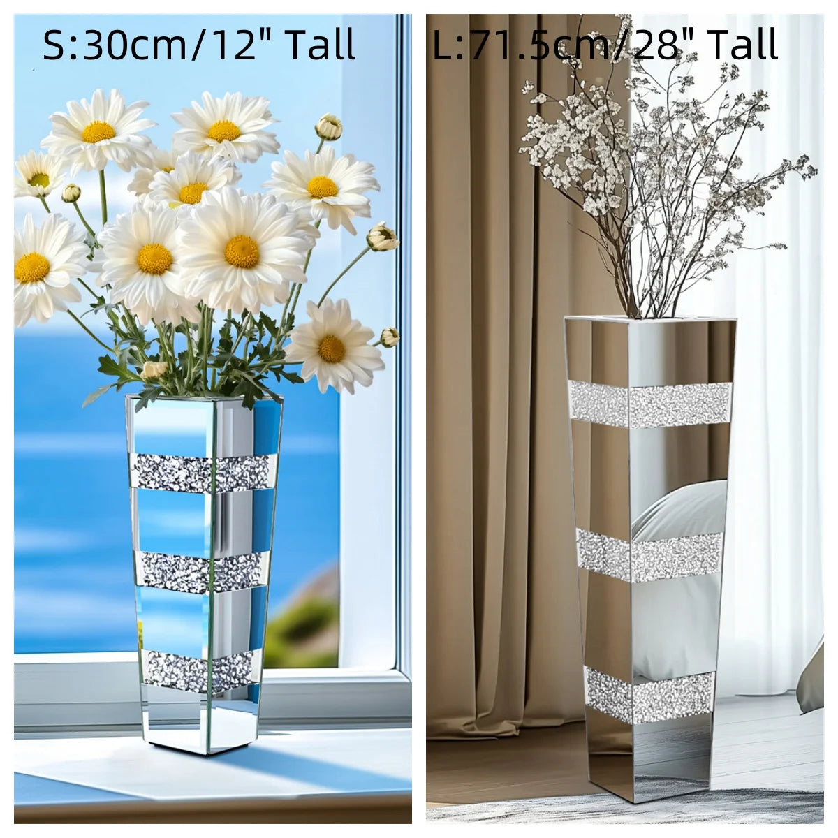Modern Floor Vase With Crystals Mirrored Silver Standing Vase