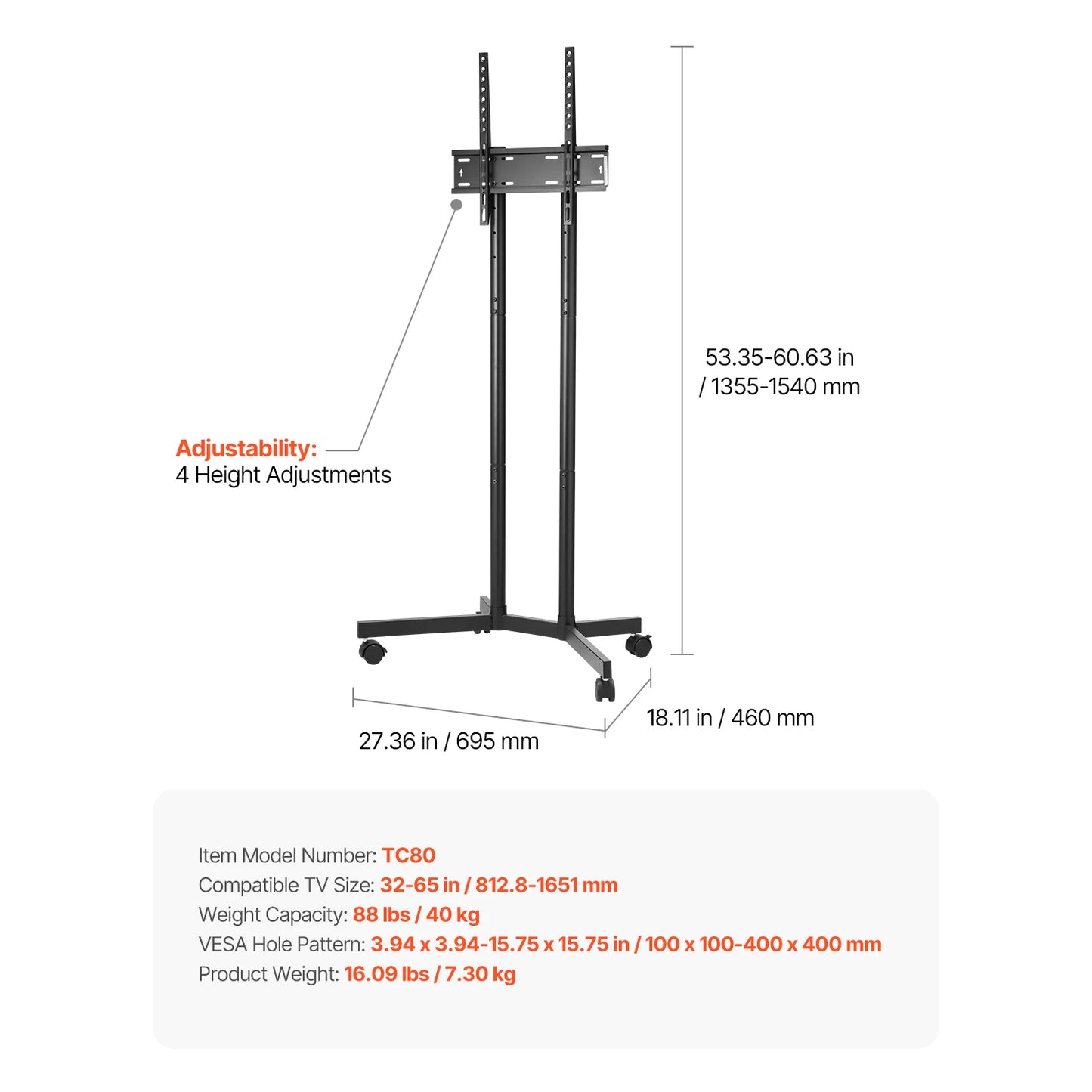 SucceBuy Rolling TV Stand With Wheels For Living Room Office