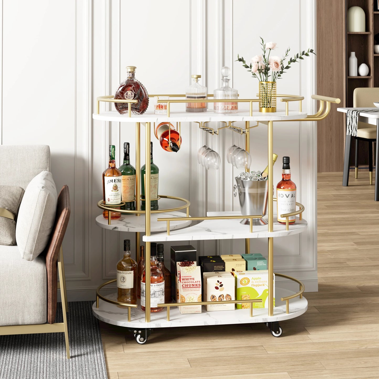 TWISTER.CK Gold Bar Cart With 4-Tier Storage And Wine Rack