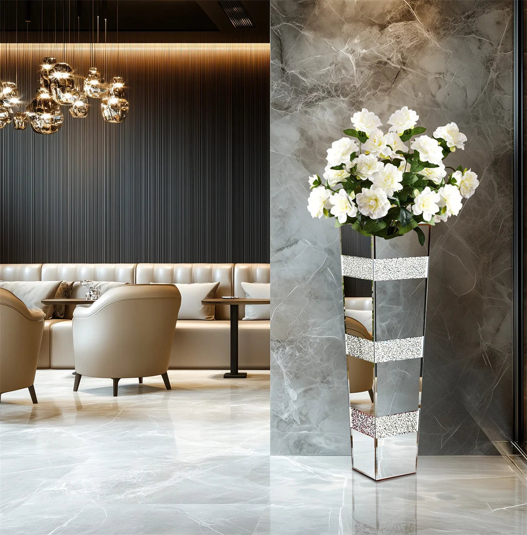 Modern Floor Vase With Crystals Mirrored Silver Standing Vase