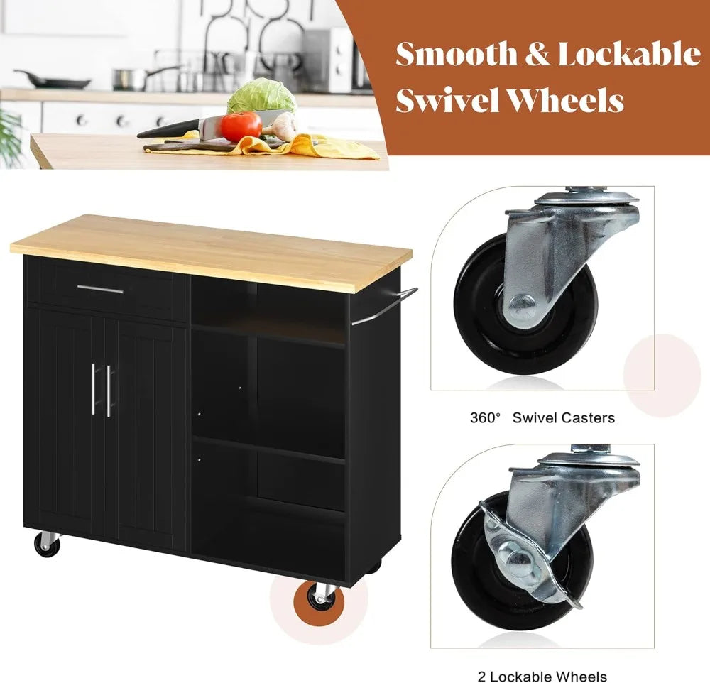 Kitchen Island Cart On Wheels With Storage Cabinet And Drawer