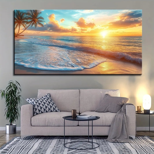 Natural Pine Solid Wood_Frame Ocean Sunset Canvas Wall Art