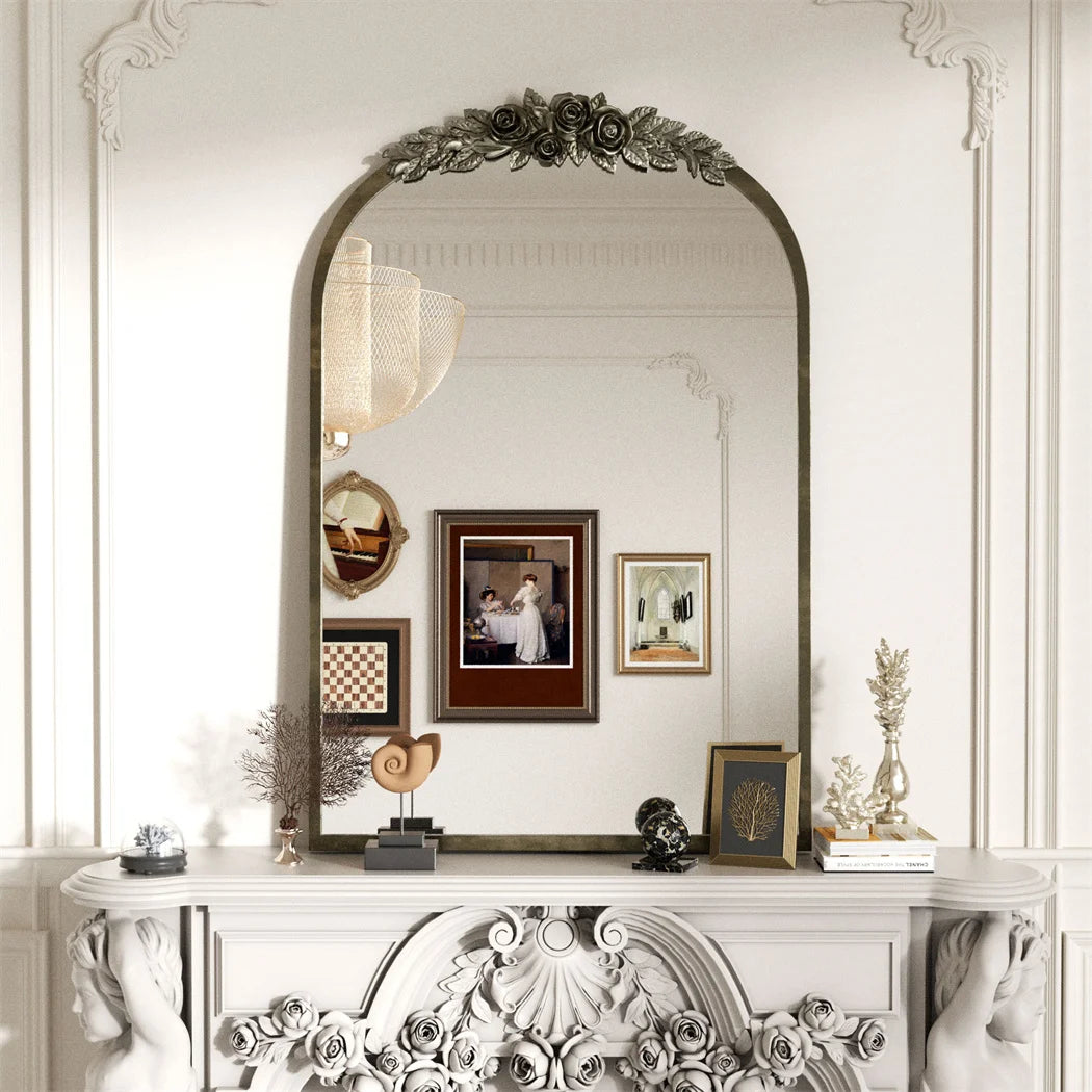 LUVODI Arched Wall Mirror Antique Metal Frame Resin Rose Pattern