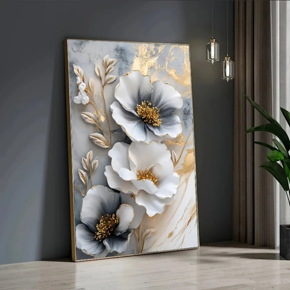Modern Floral Canvas Mural, Framed 3D Painting for Bedroom and Living Room