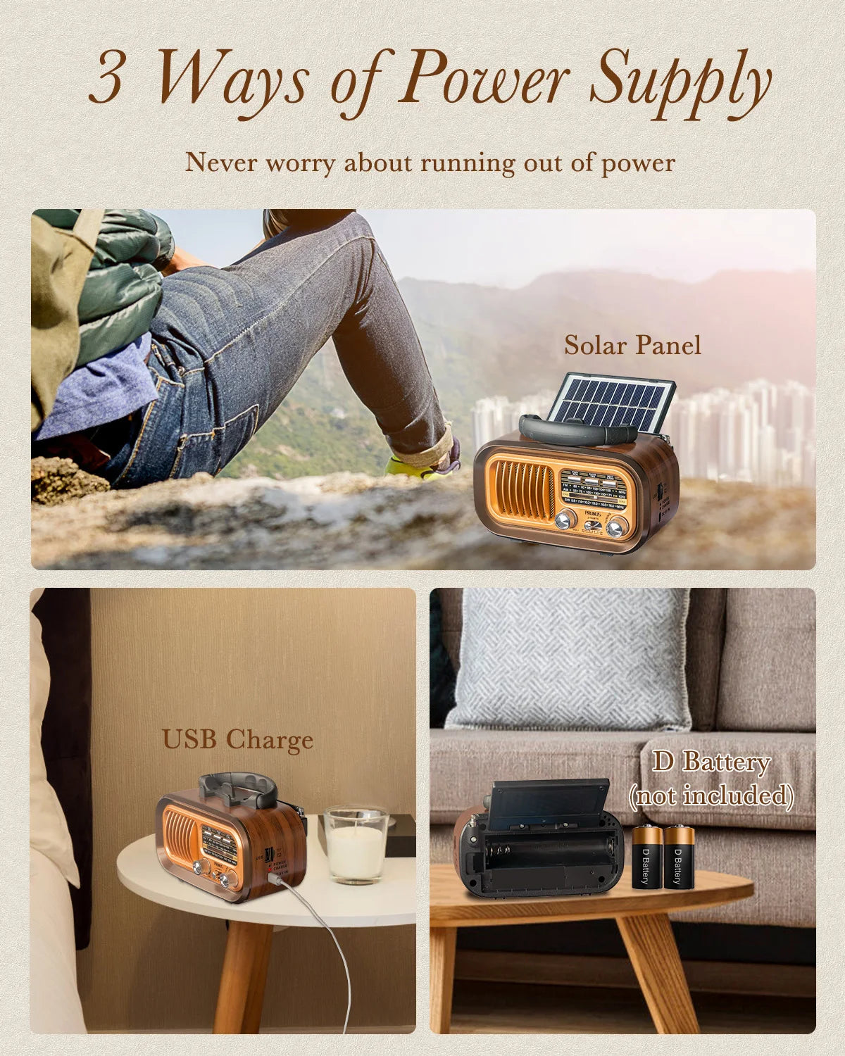 PRUNUS J-150 Retro Bluetooth Radio AM FM Solar Battery